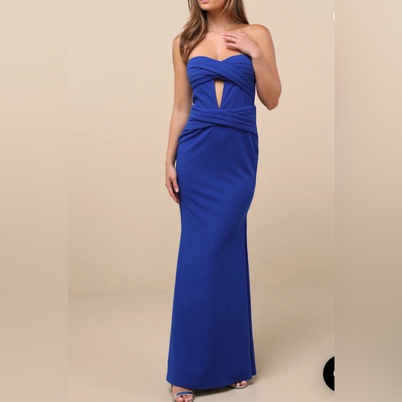 Lulus Dresses & Skirts - Lulu's Elegant Finesse Royal Blue Cut Out Strapless Maxi Gown Women’s Size M
